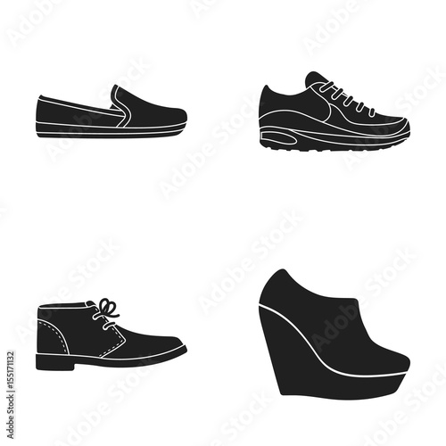 Macadoles on the sole, sneakers with laces, men s shoes at the outfits, women s low shoes on a high platform. Shoes set collection icons in black style vector symbol stock illustration web.