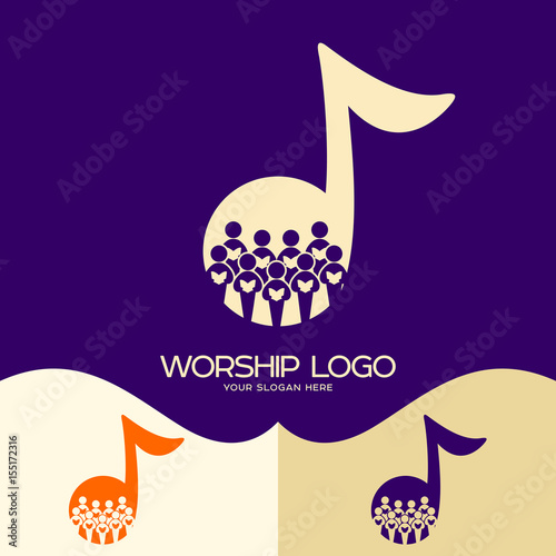 Obraz na plátne Worship logo. Cristian symbols. Choir in the background of a note