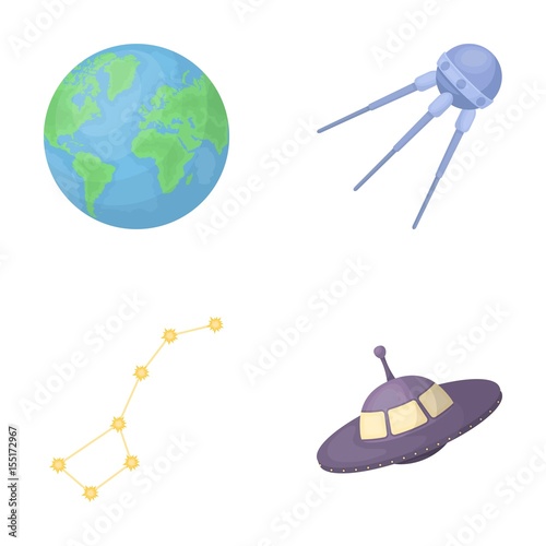 Planet Earth with continents and oceans, flying satellite, Ursa Major, UFO. Space set collection icons in cartoon style vector symbol stock illustration web.