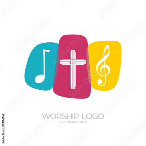 Worship logo. Cristian symbols. Worship logo. Cristian symbols. The cross of Jesus and musical notes
