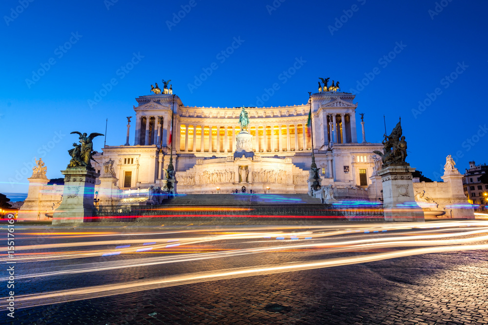 Monumento Nazionale a Vittorio Emanuele II at dawn with light trails