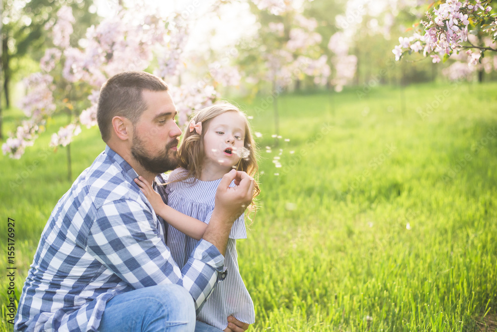 Fototapeta premium father and daughter blowing dandelion