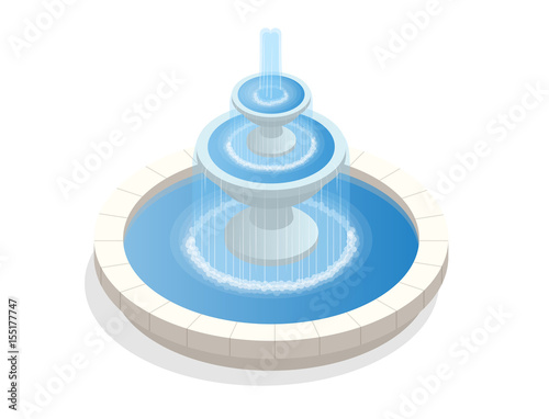 Beautiful three-level round fountain. A zone of rest and relaxation. Flat vector isometric on white background