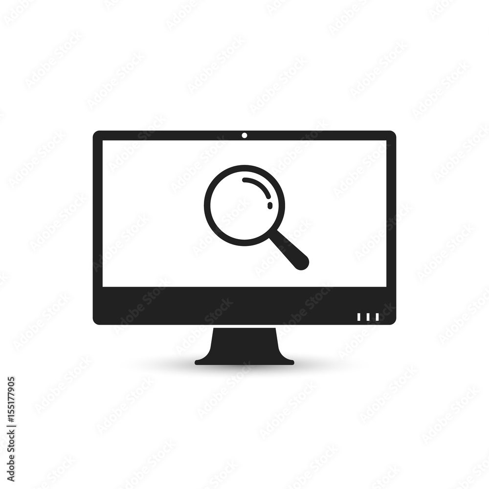 Search on computer vector icon with magnifier symbol on screen. Search on computer vector icon with magnifier symbol on screen.