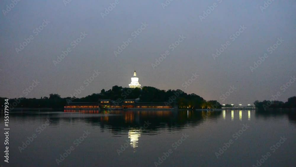 China Beijing ancient White Tower & island reflection in water. China Beijing ancient White Tower & island reflection in water.