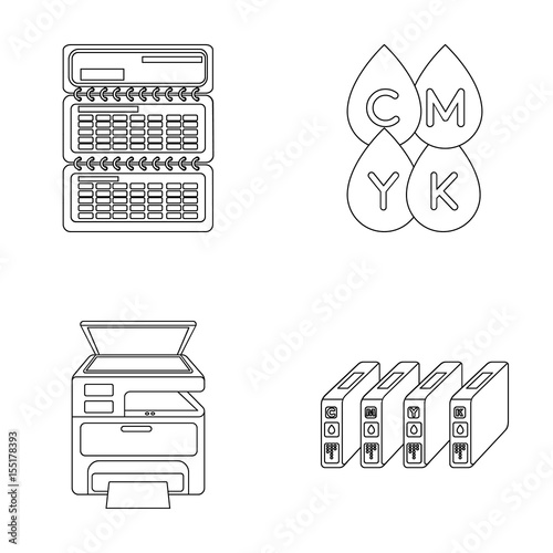 Calendar, drops of paint, cartridge, multifunction printer. Typography set collection icons in outline style vector symbol stock illustration web.