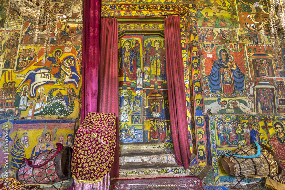 Ethiopia. Zege Peninsula in Lake Tana. Interior of Ura Kidane Mehret Church decorated with numerous painted frescoes