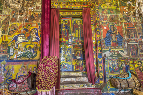 Ethiopia. Zege Peninsula in Lake Tana. Interior of Ura Kidane Mehret Church decorated with numerous painted frescoes photo