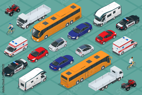 Flat isometric high quality city transport car icon set. Urban public and freight transport. For infographics, design and game