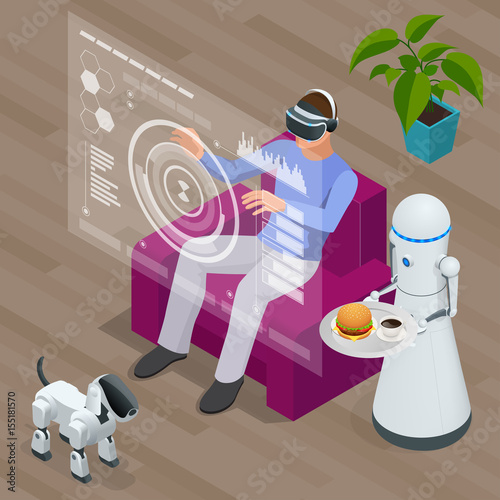 Isometric Techno Robots and Man sitting on sofa at home wearing Virtual Reality Headset.