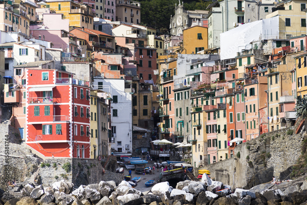 View into the small town of Riomaggiore in Cinque Terre, Italy from the seaside