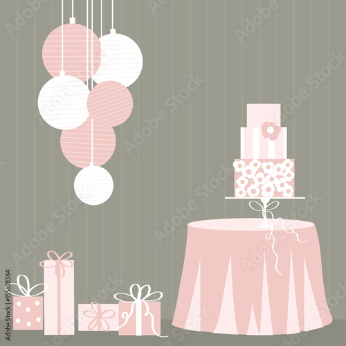 Wedding cake on table.  Vector illustration.