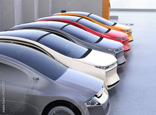 Colorful electric cars in parking lot. 3D rendering image. photo