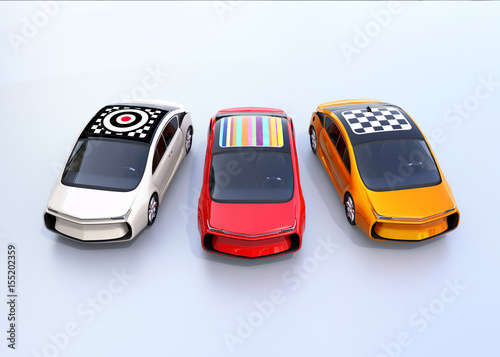 Front view of colorful electric cars with graphic pattern on the roof. 3D rendering image.
