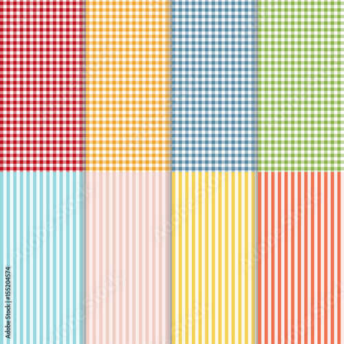 Set of seamless gingham, buffalo check plaid and bed linen patterns. Eight checkered and striped seamless patterns
