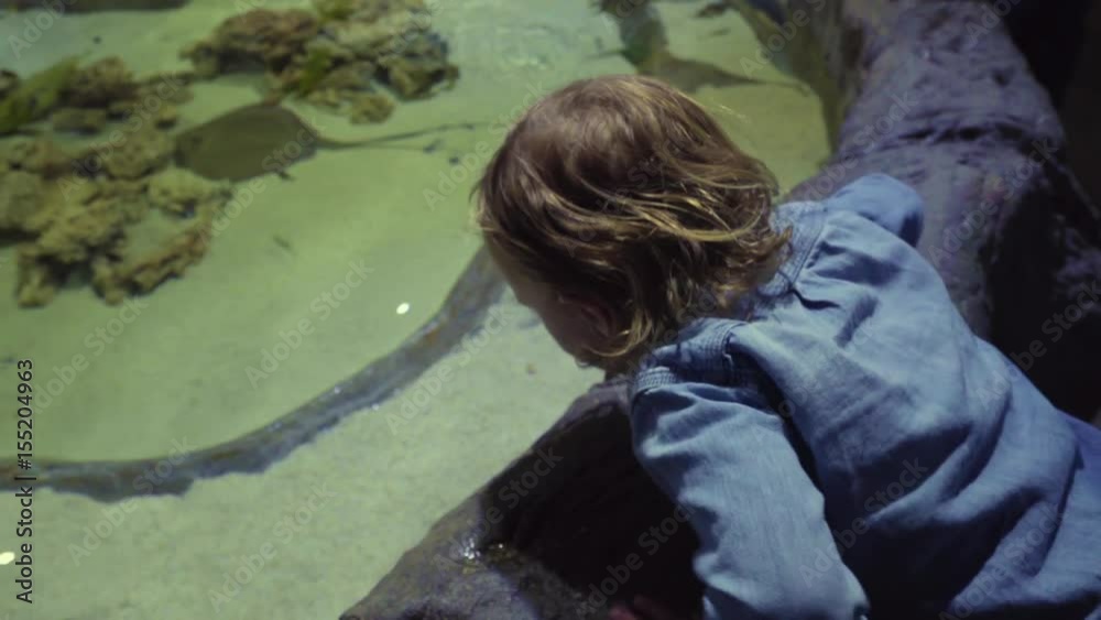 Little Boy Enjoys Splashing Water In Petting Tank At Aquarium, He Looks Around, His Mom Puts Her Hand On His Back To Steady Him Little Boy Enjoys Splashing Water In Petting Tank At Aquarium, He Looks Around, His Mom Puts Her Hand On His Back To Steady Him