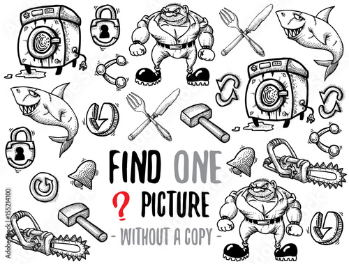 Find one picture without a copy. Educational game for children with cartoon characters. Characters ready for colouring.