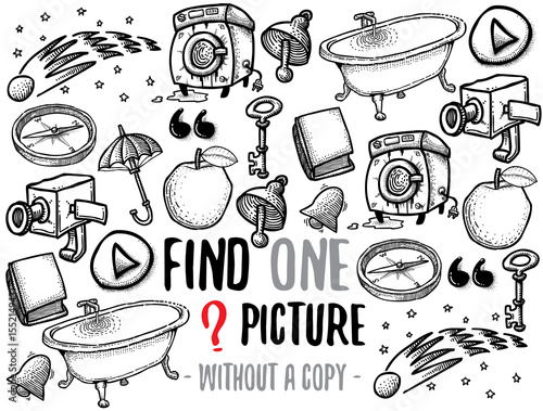 Find one picture without a copy. Educational game for children with cartoon characters. Characters ready for colouring.