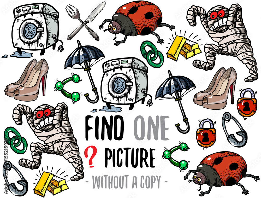 Find one picture without a copy. Educational game for children with cartoon characters. Find one picture without a copy. Educational game for children with cartoon characters.