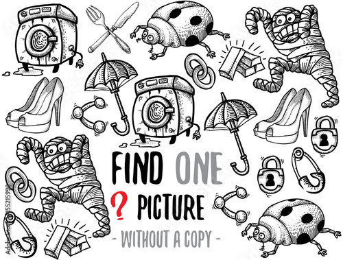 Fototapeta Naklejka Na Ścianę i Meble -  Find one picture without a copy. Educational game for children with cartoon characters. Characters ready for colouring.