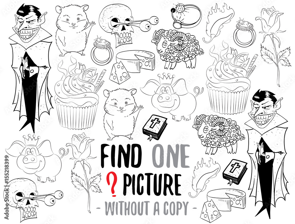 Find one picture without a copy. Educational game for children with cartoon characters. Characters ready for colouring. Find one picture without a copy. Educational game for children with cartoon characters. Characters ready for colouring.