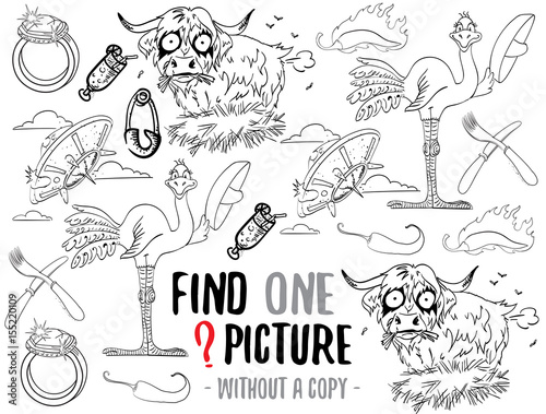 Find one picture without a copy. Educational game for children with cartoon characters. Characters ready for colouring.