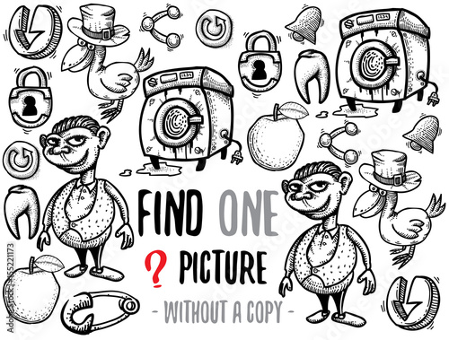 Find one picture without a copy. Educational game for children with cartoon characters. Characters ready for colouring.