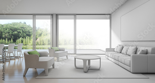 Fototapeta Naklejka Na Ścianę i Meble -  Dining and living room in luxury house with lake view, Sketch design of modern vacation home for big family - Interior 3d rendering