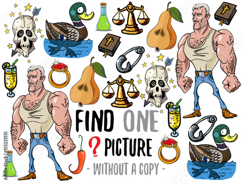 Find one picture without a copy. Educational game for children with cartoon characters.