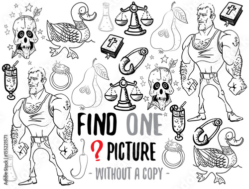 Find one picture without a copy. Educational game for children with cartoon characters. Characters ready for colouring.