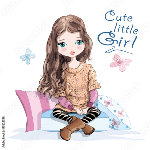 Obraz Śliczna mała dziewczynka w trykotowym swetrze i spódnicie siedzi na miękkich poduszkach. Piękna, młoda dziewczyna z długimi włosami. Ręcznie rysowane dziewczyna. Naszkicować. Ilustracji wektorowych.