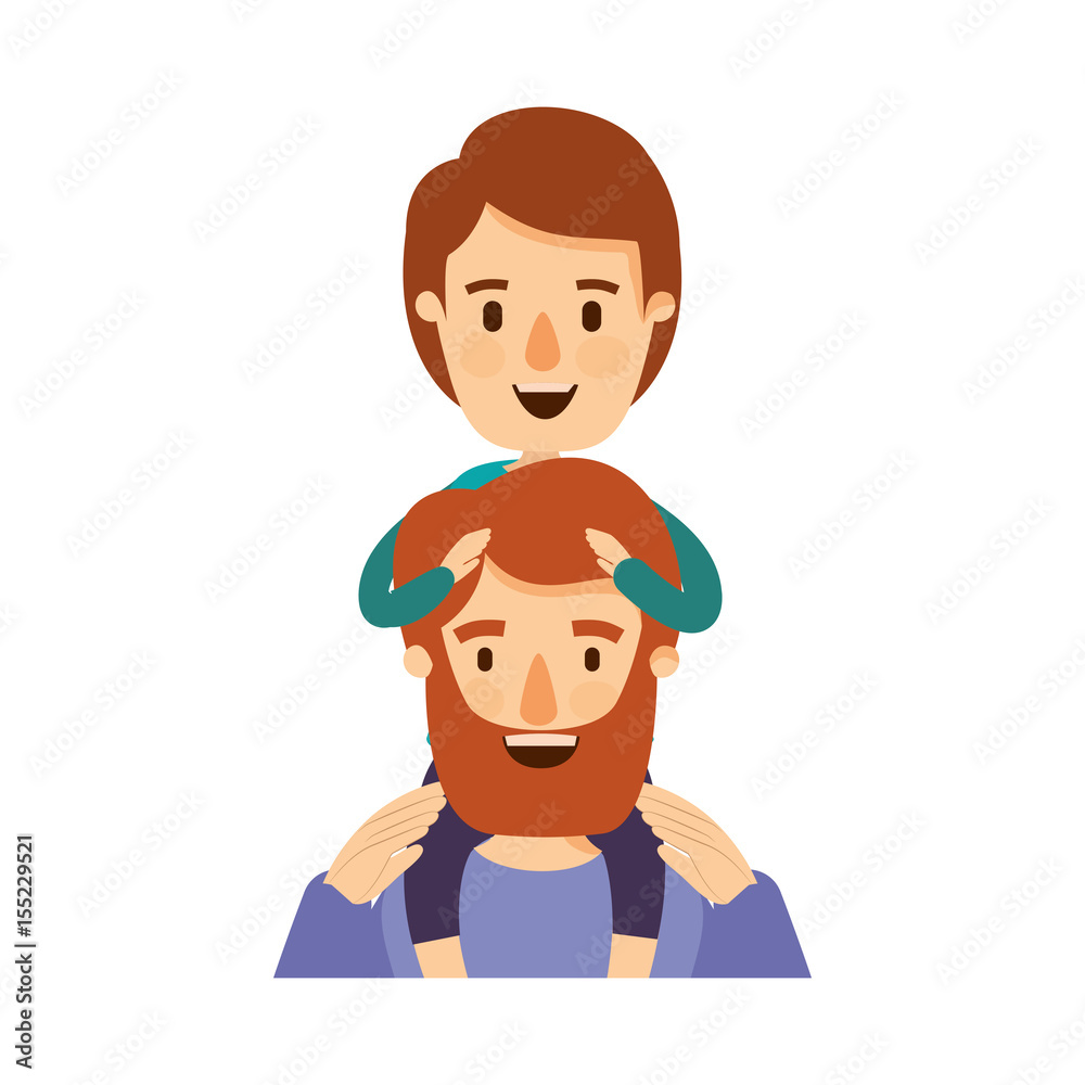 colorful caricature half body bearded father with boy on his back vector illustration colorful caricature half body bearded father with boy on his back vector illustration
