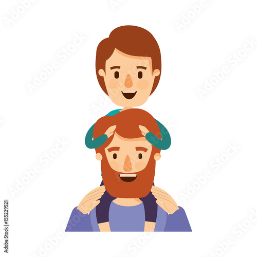 colorful caricature half body bearded father with boy on his back vector illustration