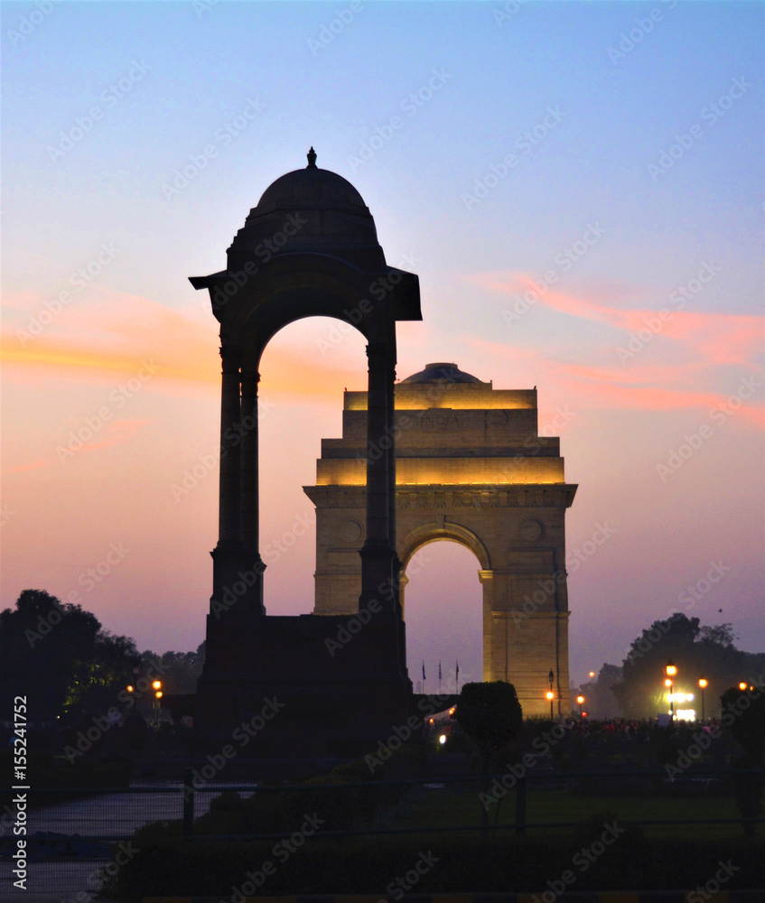 Illuminated India Gate during evening in Delhi, India
