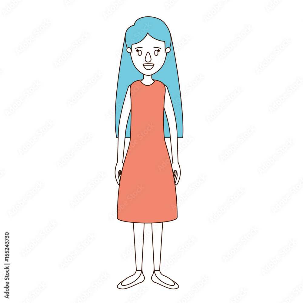 caricature color sections and blue hair of full body woman with long hair and dressed vector illustration caricature color sections and blue hair of full body woman with long hair and dressed vector illustration