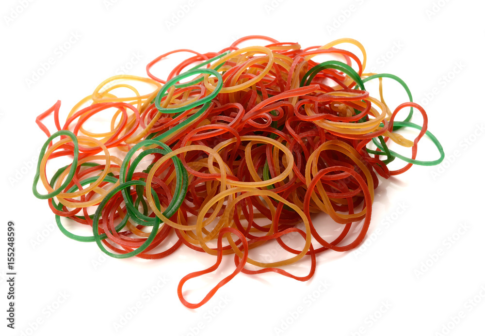 colorful rubber elastics on white background