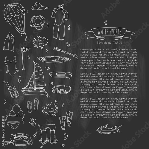 Hand drawn doodle Water sports icons set. Vector illustration, isolated symbols collection, Cartoon various elements: jetski, wakeboard, waterski, surfing, kayak, kitesurfing, paddle, parasailing