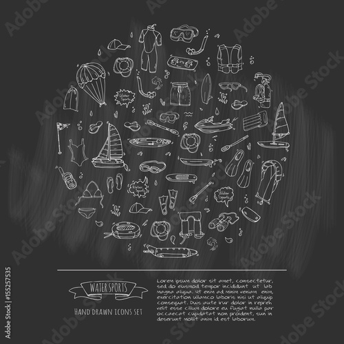 Hand drawn doodle Water sports icons set. Vector illustration, isolated symbols collection, Cartoon various elements: jetski, wakeboard, waterski, surfing, kayak, kitesurfing, paddle, parasailing