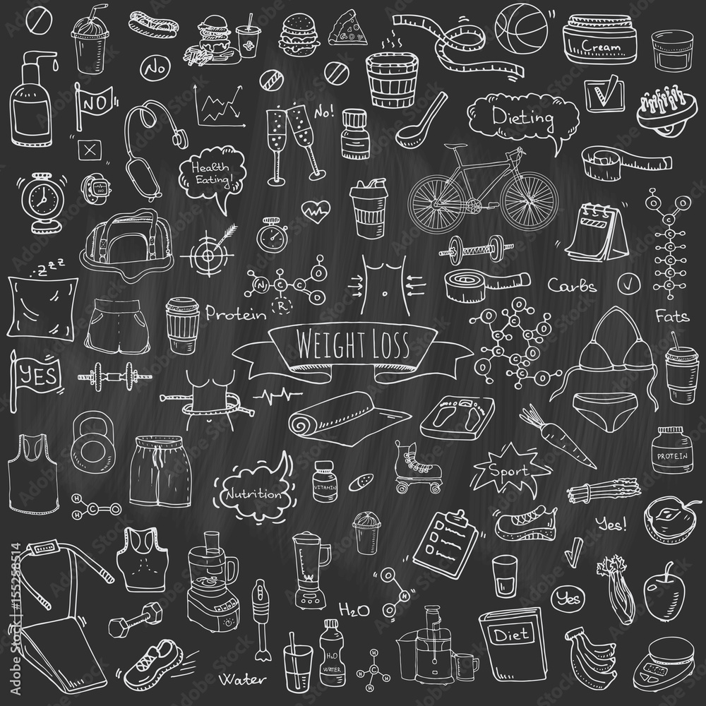 Hand drawn doodle Weight loss icons set Vector illustration dieting symbols collection Cartoon sketch elements Diet Sport equipment Healthy food eating Nutrition Protein Carbs Fats chemical formula Hand drawn doodle Weight loss icons set Vector illustration dieting symbols collection Cartoon sketch elements Diet Sport equipment Healthy food eating Nutrition Protein Carbs Fats chemical formula