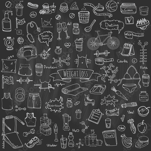 Hand drawn doodle Weight loss icons set Vector illustration dieting symbols collection Cartoon sketch elements Diet Sport equipment Healthy food eating Nutrition Protein Carbs Fats chemical formula