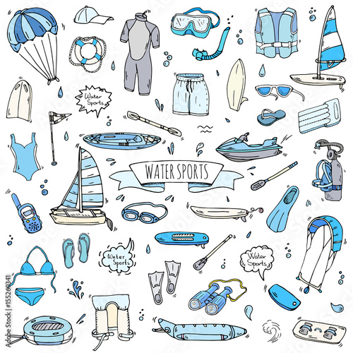 Hand drawn doodle Water sports icons set. Vector illustration, isolated symbols collection, Cartoon various elements: jetski, wakeboard, waterski, surfing, kayak, kitesurfing, paddle, parasailing