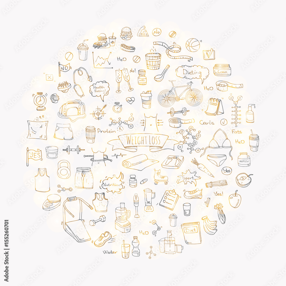 Fototapeta premium Hand drawn doodle Weight loss icons set Vector illustration dieting symbols collection Cartoon sketch elements Diet Sport equipment Healthy food eating Nutrition Protein Carbs Fats chemical formula