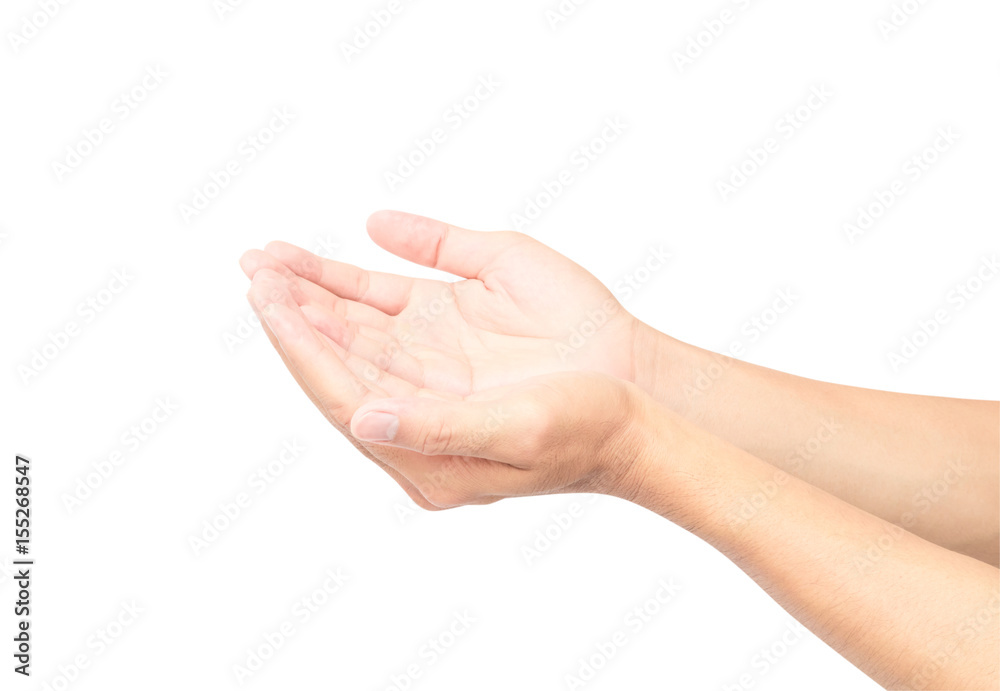 Man empty hands open on white background with clipping path Man empty hands open on white background with clipping path