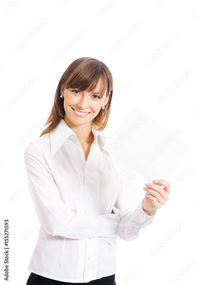 Businesswoman showing blank signboard, on white Businesswoman showing blank signboard, on white