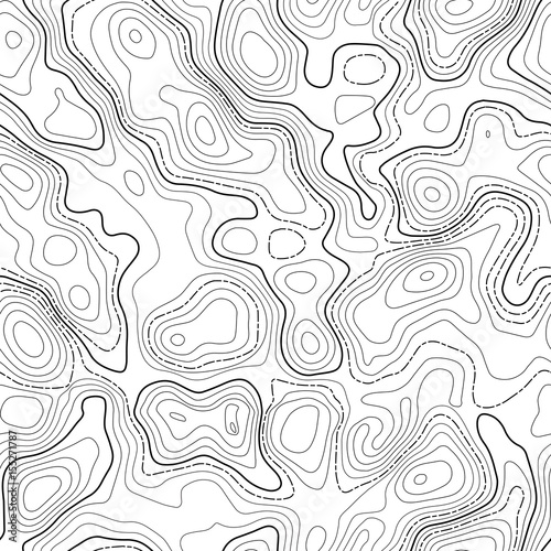 Seamless pattern. Fictional topo contour map design. Vector. Geography concept. Abstract wavy graphic backdrop. Cartography and topology. Line topographic contour map background. Black and white.