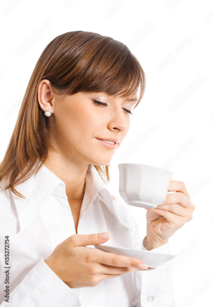 Business woman drinking coffee, isolated Business woman drinking coffee, isolated
