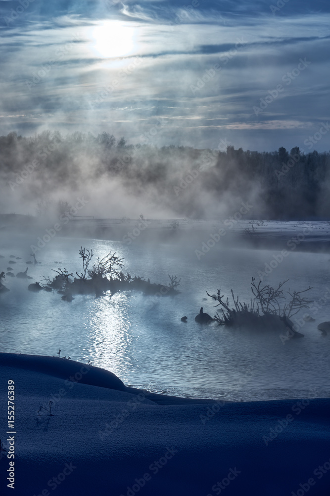 Fototapeta premium Snags in the river water in winter Moon night