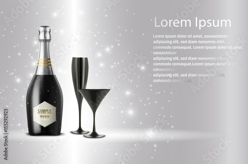 Black wine bottle with black wine glass on sparkling background