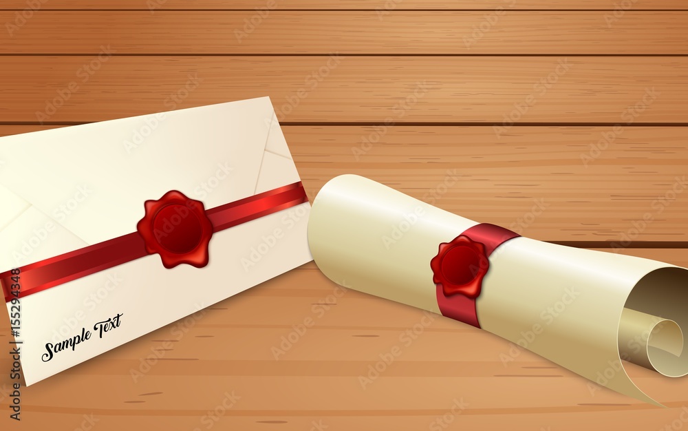 Envelope with paper scroll and red wax seal Envelope with paper scroll and red wax seal