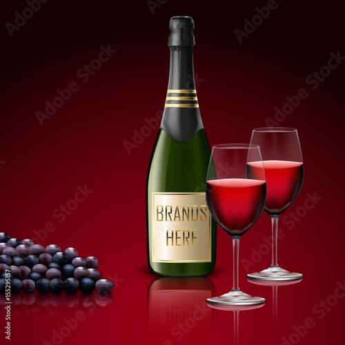 Two wineglass of champagne with bottle and grapes